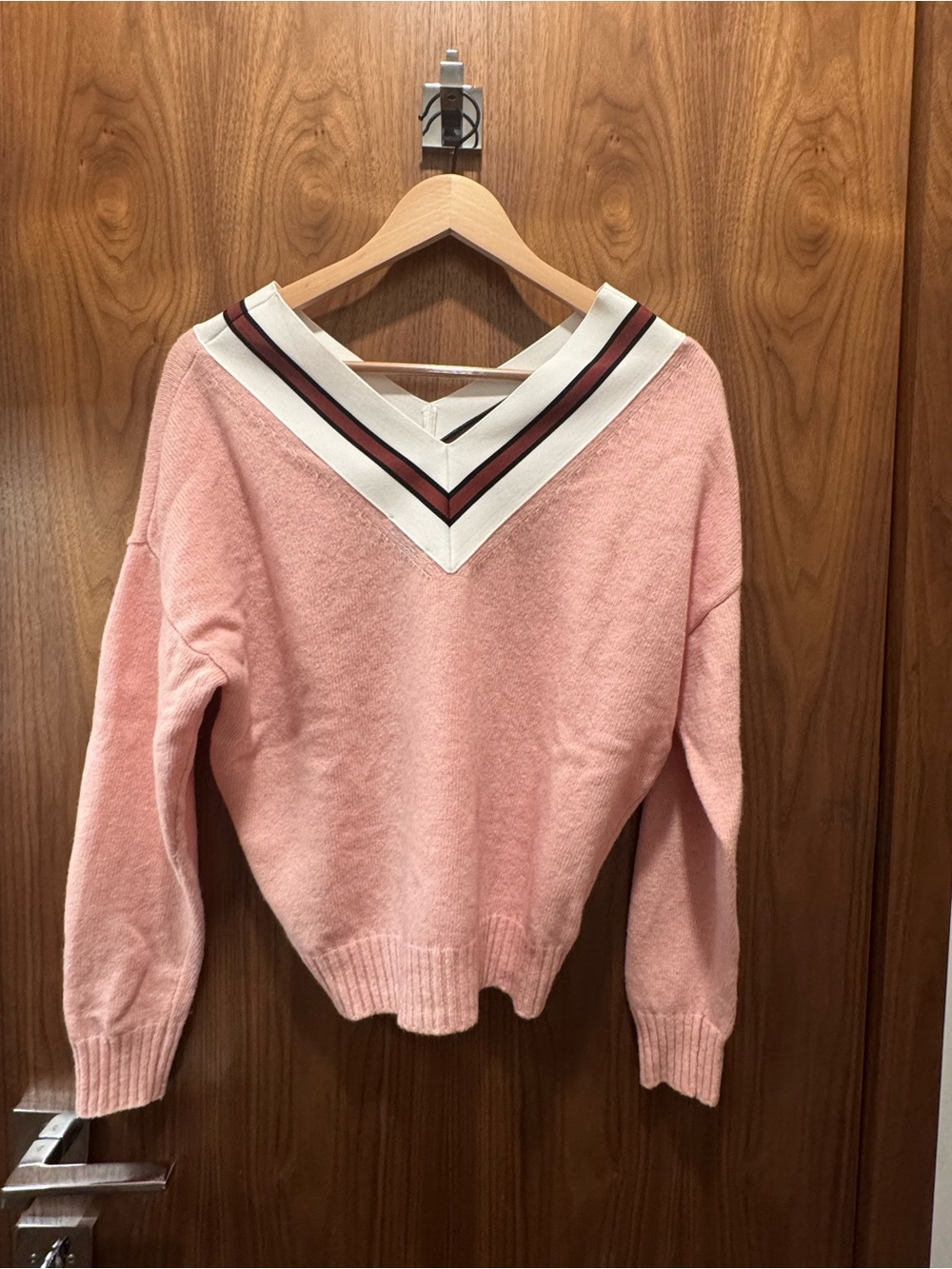 Sandro V-Neck Pink Knit Sweater with Contrasting Stripe Trim